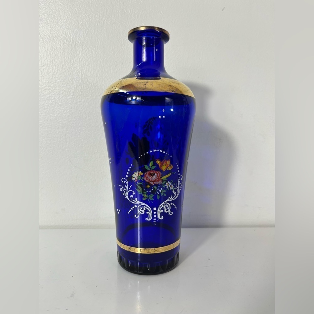 Vintage Cobalt Italian Glass Decanter Hand Painter Flowers Blue White Gold